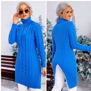 NWT! BLUE TURTLENECK CABLE KNIT SPLIT HEM SWEATER!